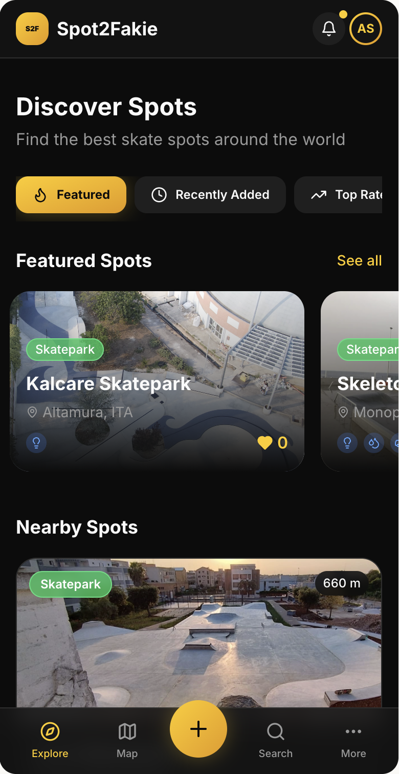 Schermata dell'app Spot2Fakie con mappa degli street spot